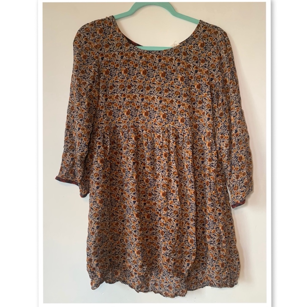Hem & Thread long sleeve dress with orange flowers with navy blue and ivory